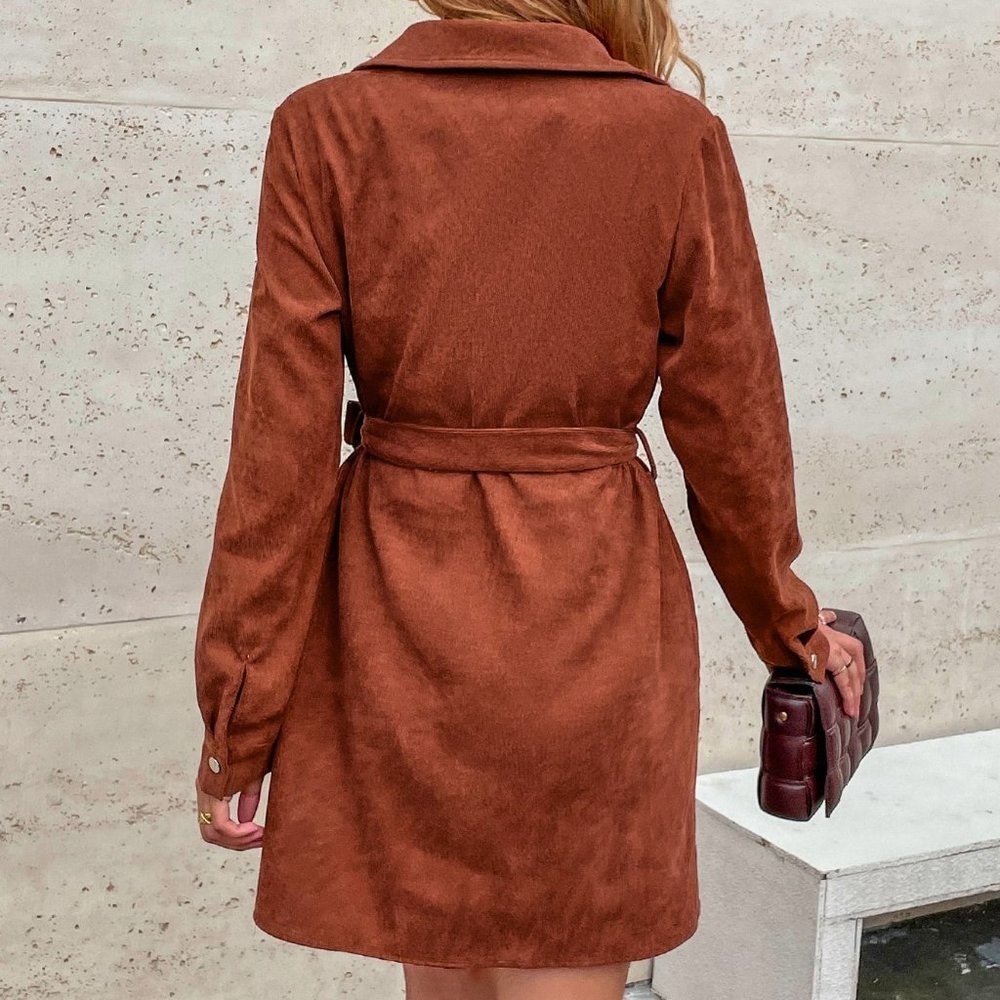 Rust Brown Casual Womens Corduroy Solid Belted Shirt Dress - Picture 4 of 6